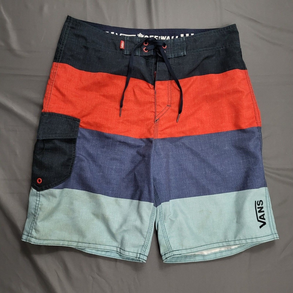 Vans Off The Wall Mens 32‎ Board Shorts Colorblock Striped Blue Red Swim Trunks